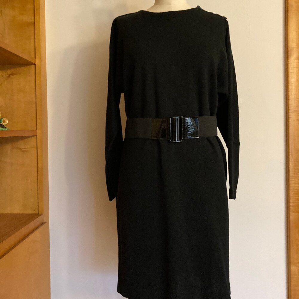Liz Claiborne Sweater Dress Black Pearleasant Button Shoulder Belted